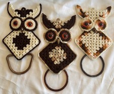 3- MCM Owls. Vintage Handmade Crochet OWL Towel Holders/Wall Decor. Excellent. picture