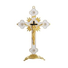 White Gold Metal Catholic Standing Jesus Cross 5 Inch White Metal Crucifix picture
