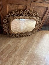 Vintage faux wood plastic brown rattan wicker mirror 23”X30” oval picture