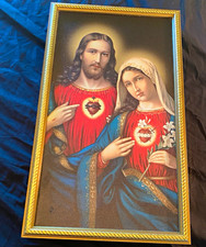 Vintage, Sacred Heart Jesus, Immaculate Heart Mary Framed Canvas 11x19 Catholic picture