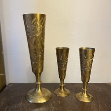Vintage Turkish Handmade Brass Floral Etched Cup Vase Set Of 3 picture