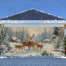 Winter Garage Door Banner 6X13Ft, Winter Deer in Snowy Forest with Cabin, Large picture