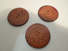 Lot of 3 Vintage Hawaiian Leather Pogs Trigger Fish, Sailboat, Surfing picture