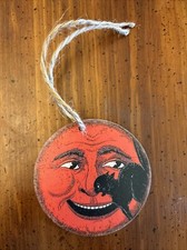 Mini Halloween Anthropomorphic VINTAGE STYLE Moon Wooden Ornament Decor 3” picture