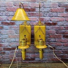 Vtg Toleware Tole Ware Metal Mustard Yellow Wall Sconce Lamp Light Set picture