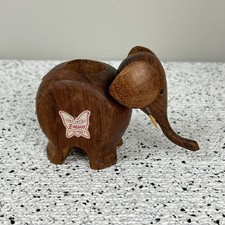 Enesco Wooden Elephant Figurine Toothpick Holder Vintage MCM Danish Teak picture