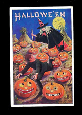 c1909 Halloween Postcard Pumkin Patch Witch & Scared Boy Running picture