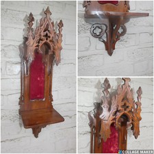Antique french neo gothic wood carving Wall console niche chapel religious picture