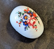Vintage SHACKMAN Egg Shaped Trinket Box White Floral Gold Trim Porcelain EASTER picture