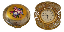 LIMOGES France PEINT MAIN Trinket Box CLOCK-Rose *INCRUSTATION* RARE & RUNS picture