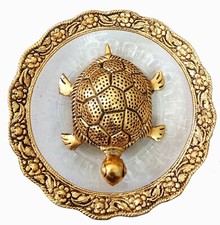 Feng Shui Metal Tortoise On Plate Showpiece (Golden, Diameter: 5.5 Inch) picture