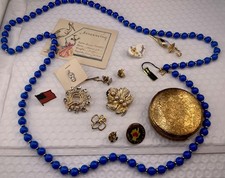 Grandmas Junk Drawer Lot Vintage Lucite Necklace Ephemera Brooch Makeup Holder picture