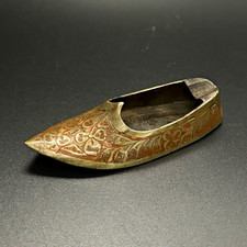 Brass-Tone Shoe-Shaped Collectible Ashtray, Engraved Floral Design picture