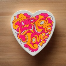 Vintage LOVE Plastic Psychedelic MOD 5” Heart Trinket Box 60s 70s Pink Orange picture