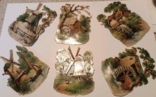1880s Victorian Die - Cut. Waterwheel, Windmills, Boat, Lot Of 6 (S8) picture