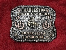 BRONCZILLA☆1975☆Bronc Rider☆RODEO CHAMPION TROPHY BUCKLE☆Charleston S.C.☆Rare920 picture