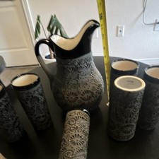 Handmade Mexican Black Ceramic Pitcher & 6 Glasses Set Talavera Style Folk Art picture