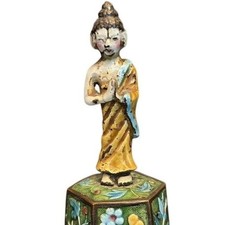 Antique Chinese Cloisonne Enamel Hexagonal Bell Monk Buddha Figure Green Floral picture