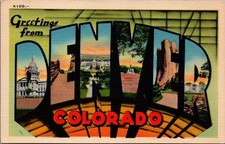 Greetings from Denver Colorado Large Letter Linen Postcard Metrocraft N100 picture