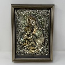 Vintage Italian 925 Silver Madonna and Child Framed 3D Relief Plaque Art 10x13 picture
