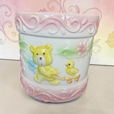 Vintage Nancy Pew Ceramic Planter, Japan. Nursery Planter Pink With Bear & Duck picture