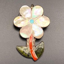 Vintage Zuni Pawn Porfilio Sheyka Flower Turquoise Coral Silver Brooch Pendant picture