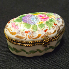 Vintage Rochard Limoges France Hinged Trinket Box Hand Painted Floral Oval Leaf picture