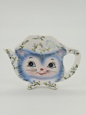 Vtg Miss Priss lefton Teabag Holder Blue Cat Daisy Kitschy  picture