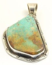 Navajo Sterling Silver SIGNED T Large Blue Green Turquoise Pendant 15.5g picture