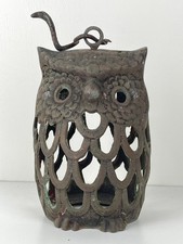 Vintage Hand-Cast Bronze Japanese Owl Lantern With Unusual Snake Hanger picture