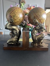 MCM Vintage Atlas Brass Bookends With Wooden base Excellent Condition picture