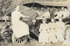 c1912 old classic car with lotsa upper class college girls; RPPC real photo card picture