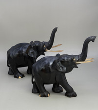 2 Antique Beautifully Hand Carved Ebony Elephants in need of repair Trunks up picture