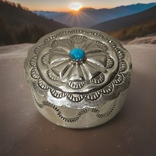 Vintage Navajo Sterling Silver Turquoise Pill Box Trinket Native Signed 11.9g picture