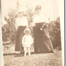 c1910s Outdoor Family Portrait RPPC Women Young Boy Straw Hats Bird Quail Photo picture