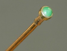 Victorian Hat Pin 14k Round Bezel Set Green Emerald Chrysoprase GF Pin 6 1/8” picture