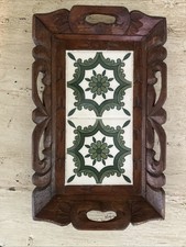 VTG Orion Monterrey Mexico Tile Tray Carved Wood Serving Tray Trivet Greens MCM picture
