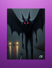 Mothman Highway ACEO | Red Eyes Night Road | Cryptid Encounter Dark Horror Art picture