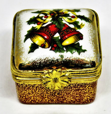 LIMOGES FRANCE BOX ~ CHRISTMAS ~ DUBARRY FLORAL ~ BELLS & HOLLY & RIBBONS picture