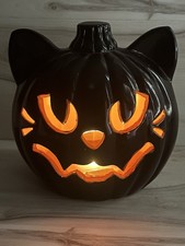 RARE VTG Light up Halloween Black & Orange Cat Plastic Jack-O-Lantern Pumpkin picture