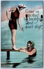 Pair of Bathing Beauty Women Come on in don't be bashful but don't slip postcard picture