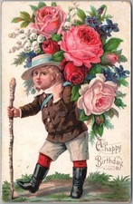 Vintage 1909 HAPPY BIRTHDAY Embossed Postcard Boy w/ Giant Rose Bouquet on Back picture