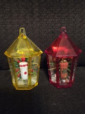 vintage lot of 2 Jewel Brite Plastic Diorama Christmas Ornaments Candles Holly picture