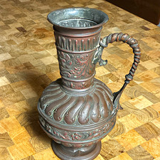 1890-1910 Middle East hammer copper water pitcher w/ reposes floral decor picture