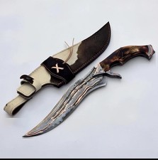 Custom Handmade Damascus Steel Copper Pattern Blade Hunting Stag Knife w/ Sheath picture