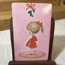 Vintage NOS Kitsch Sweet Girl Single Swap Playing Card/ Mistle Toe/Red/Pink picture