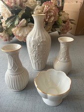 4 Lenox items: 3 Lenox bud vases, 1 compote. Ivory with gold accents. picture