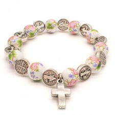Cute Flower Ceramic Beads Cross Pendant Saint St Benedict Medal Stretch Bracelet picture