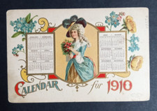 Calendar for 1910 Embossed Postcard Flowers Girl in Blue Dress & Hat picture