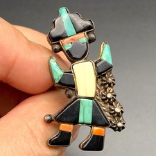 Vintage Zuni Native Kachina Turquoise Coral MOP Silver Ring Size 7 picture